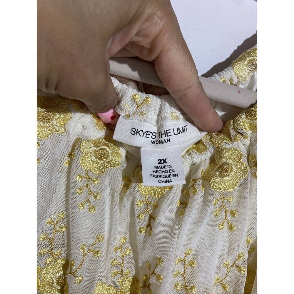 Cottagecore Top 2X Gold Floral Embroidered Peasant Sheer Mesh Skye's The Limit‎ - Picture 3 of 11